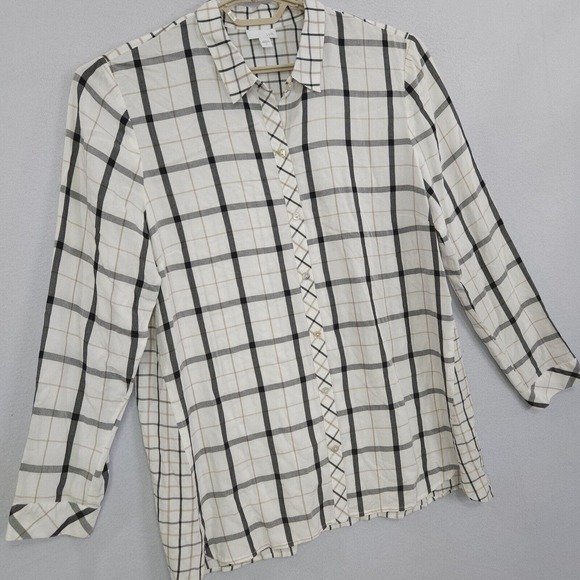 J Jill Top Tunic Women Ivory Large Long Sleeve Button Up Plaid Buttons Collared - Picture 6 of 15